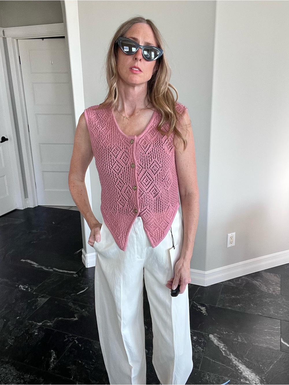 Pink Knit Vest Y2K 90s Boho Coquette Pointelle Button Up 70% Kid Mohair